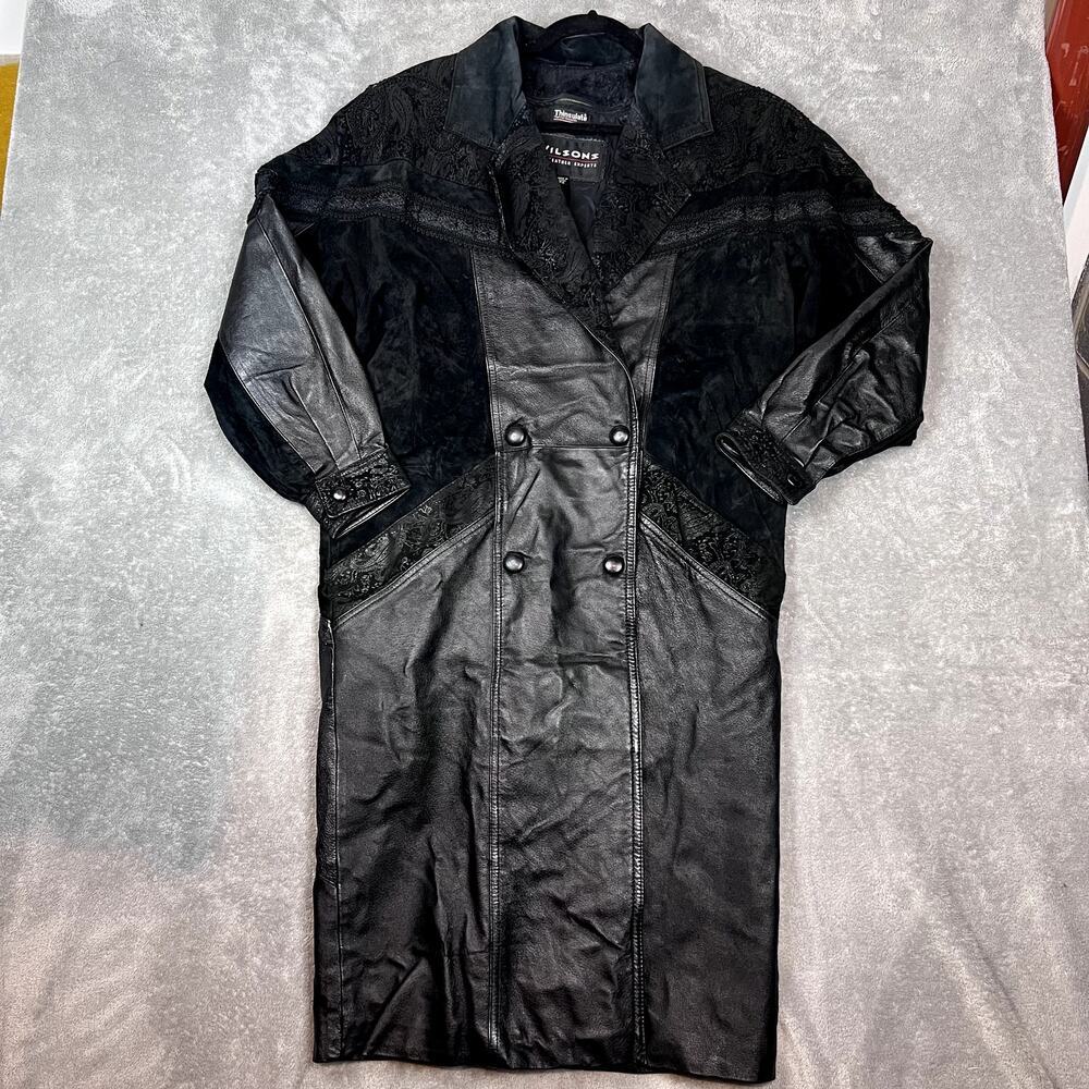 Vintage Wilsons Trench Coat Women's SP Black Leather Suede Embroidered Paisley